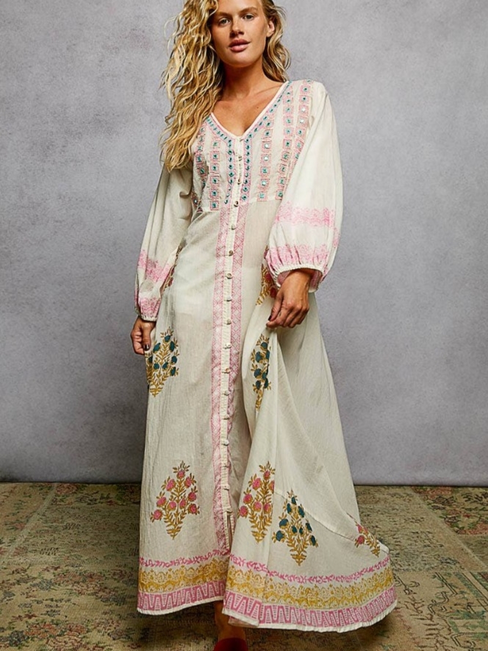 Various Sizes: POL Boho Embroidered Balloon Sleeves Maxi Dress-NWT